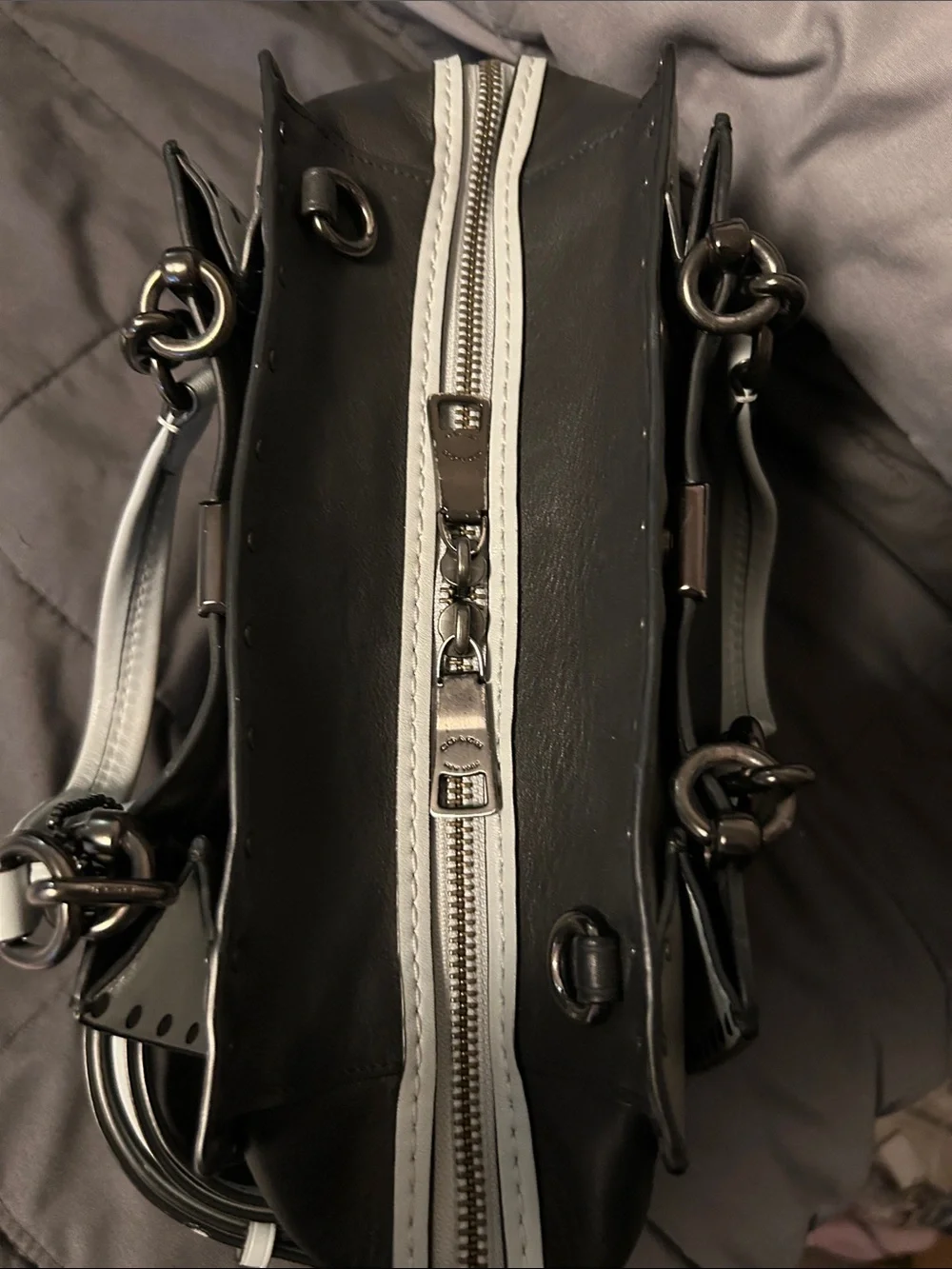 Coach Dreamer 27 Black, Light Gray, and Baby Blue Studded Leather Satchel - Picture 5 of 13